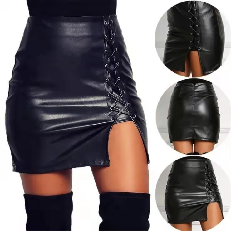High-Waisted Lace-Up Leather Skirt with Front Slit