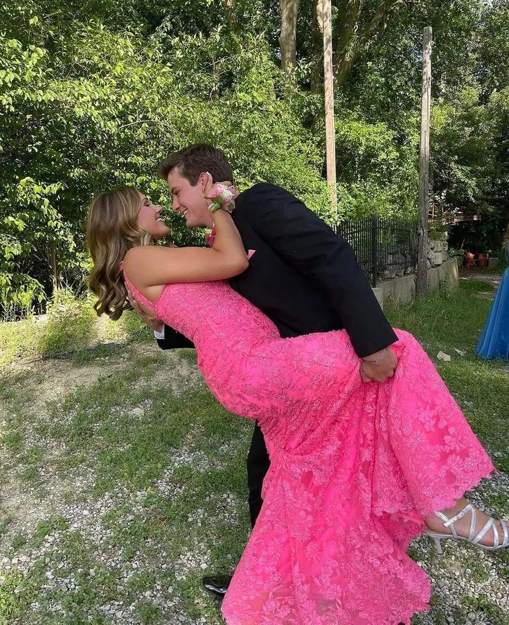 Hot Pink Long Lace 2024 Prom Dress Mermaid Formal Evening Dress Sleeveless
