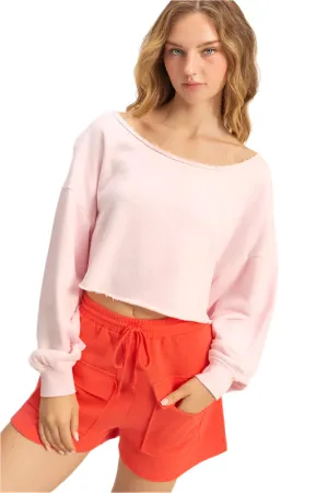 HYFVE Frayed Detail Boat Neck Long Sleeve Crop Top