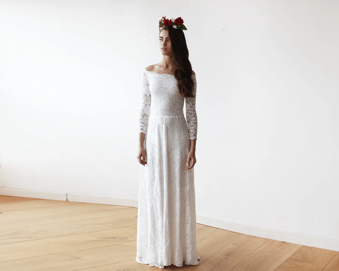 Ivory Off-The-Shoulder Floral Lace Dress #1119