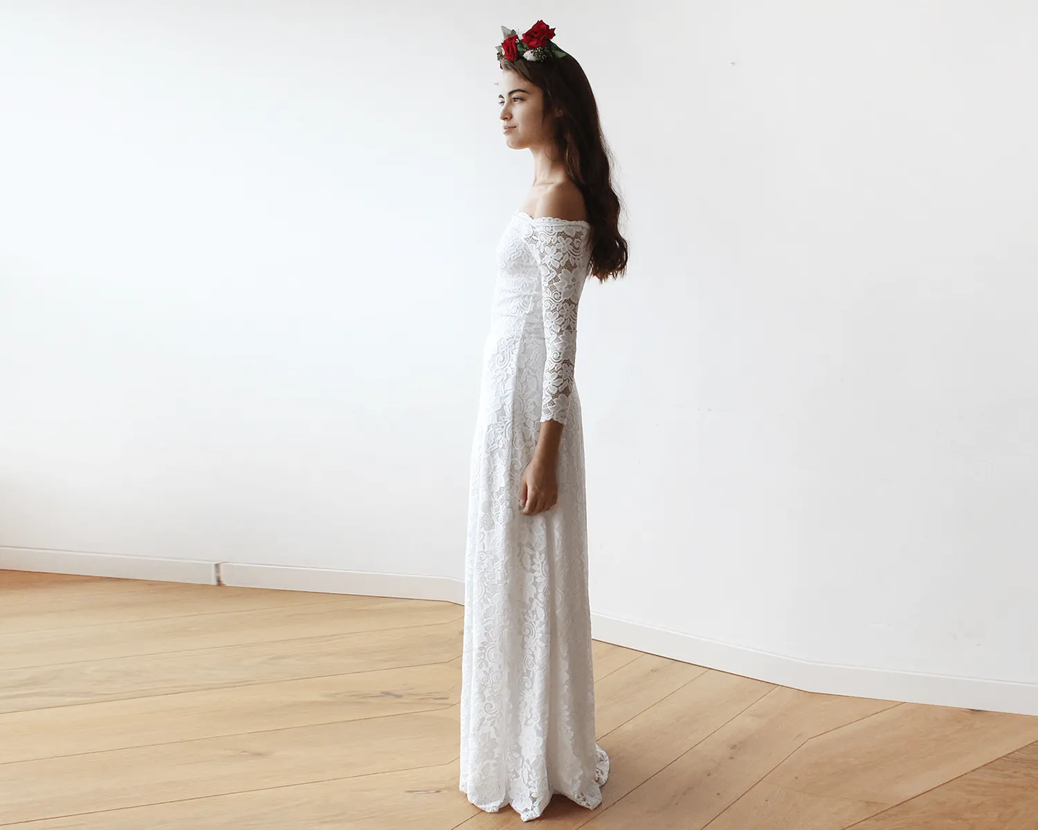 Ivory Off-The-Shoulder Floral Lace Dress #1119