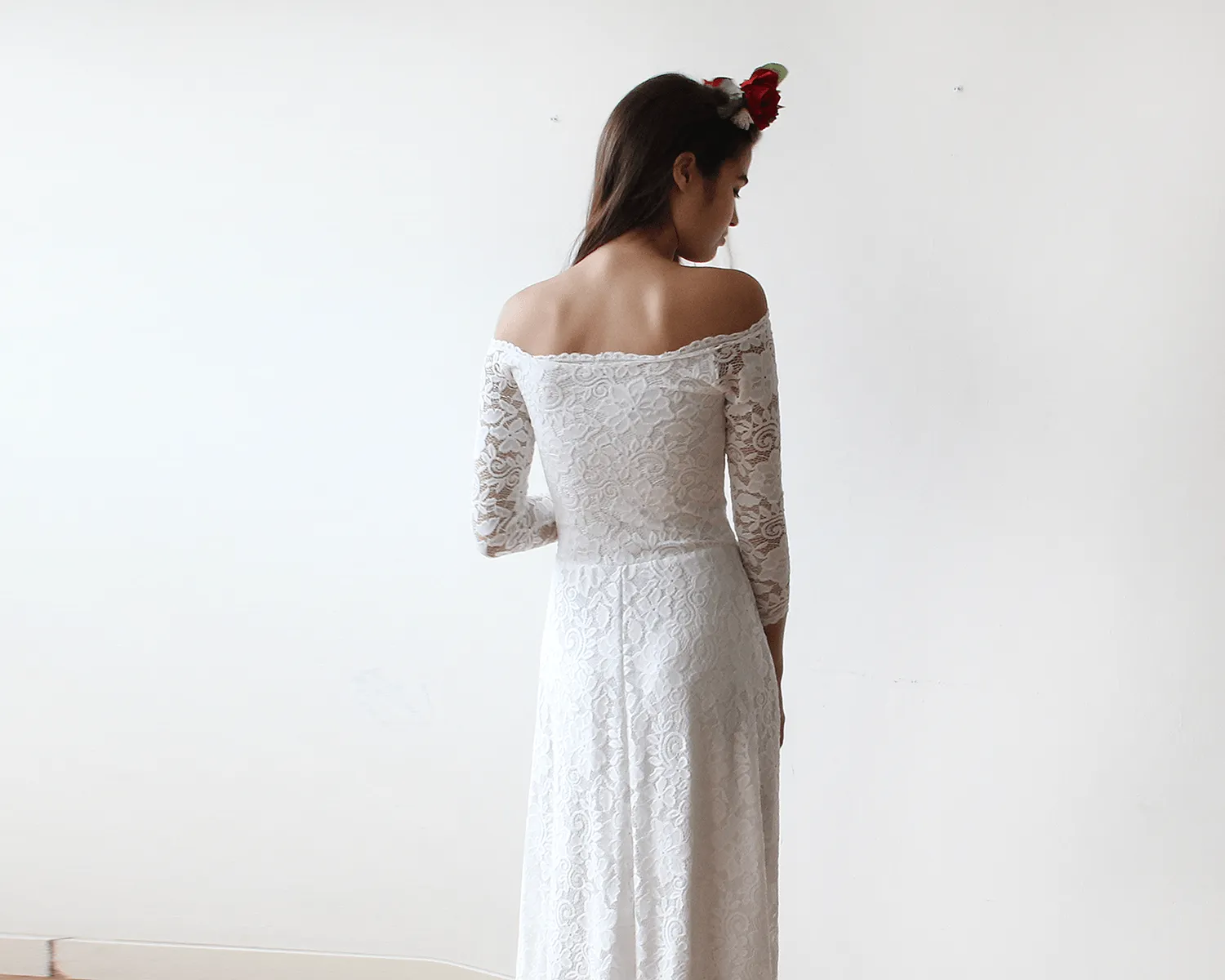 Ivory Off-The-Shoulder Floral Lace Dress #1119