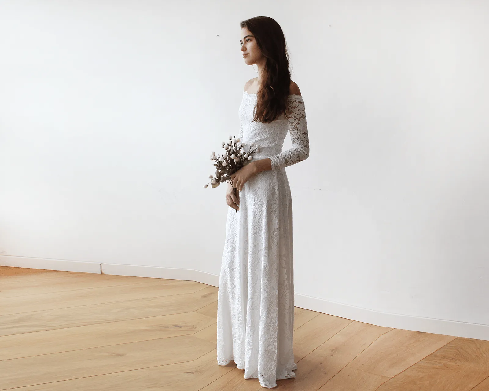 Ivory Off-The-Shoulder Floral Lace Dress #1119