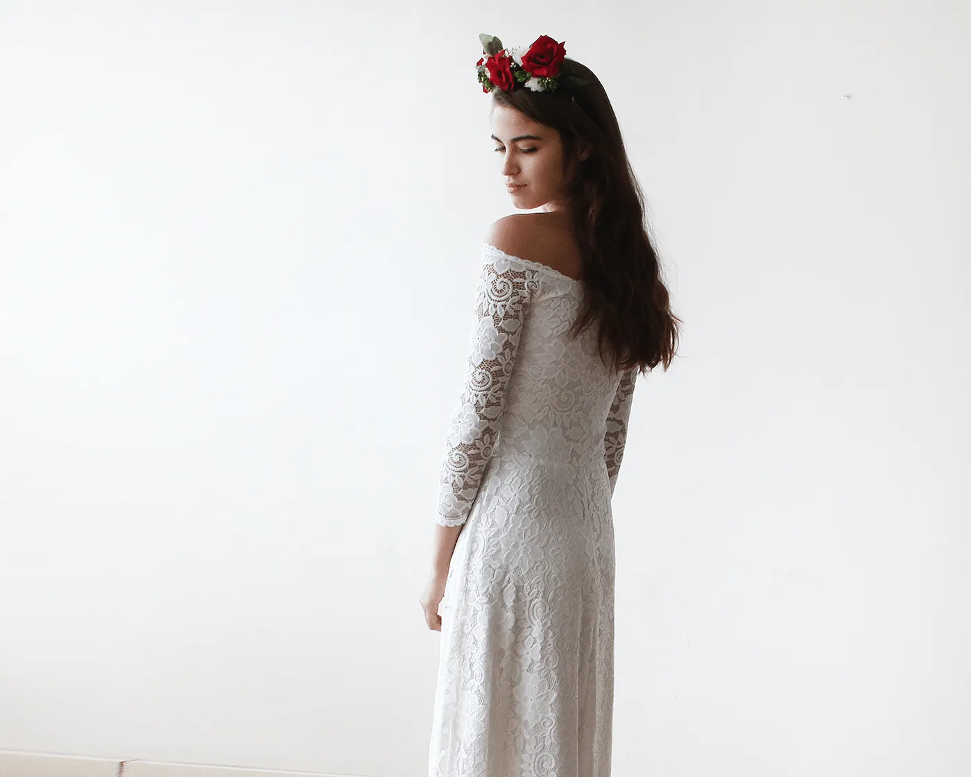 Ivory Off-The-Shoulder Floral Lace Dress #1119