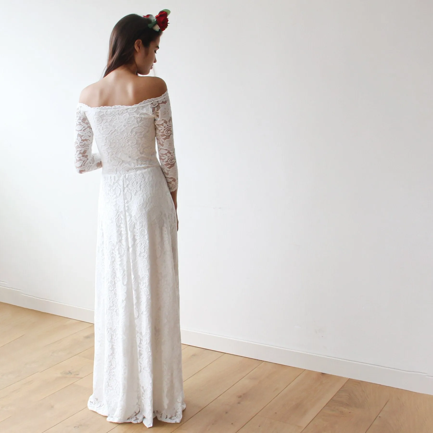 Ivory Off-The-Shoulder Floral Lace Dress #1119