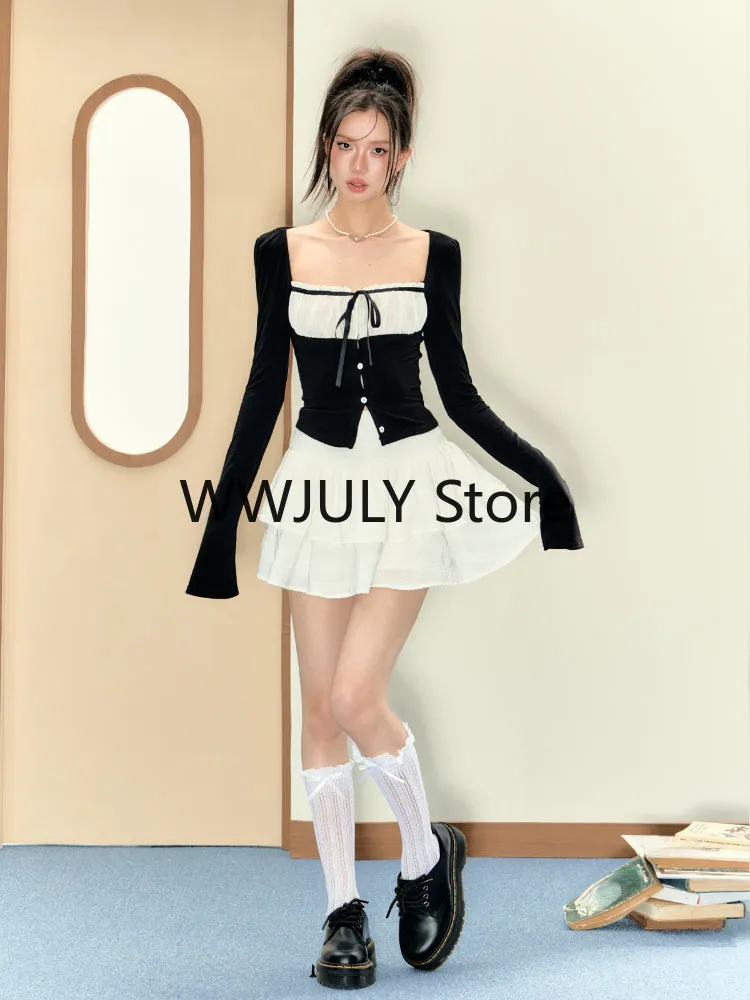 JazzHer 2025 Autumn New Korean Fashion Slim Black Tops Casual White Y2k Mini Skirt Preppy Style Party Sweet 2 Piece Set Skirt Woman Chic