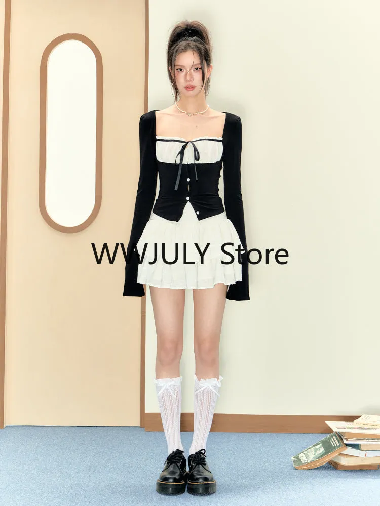 JazzHer 2025 Autumn New Korean Fashion Slim Black Tops Casual White Y2k Mini Skirt Preppy Style Party Sweet 2 Piece Set Skirt Woman Chic