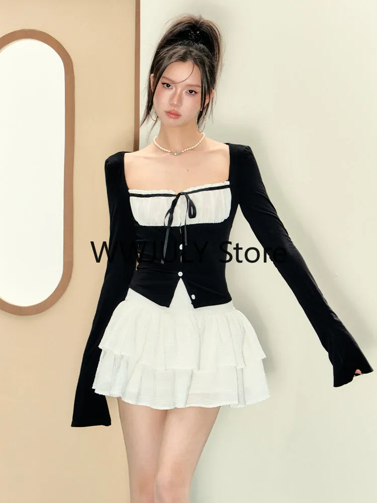 JazzHer 2025 Autumn New Korean Fashion Slim Black Tops Casual White Y2k Mini Skirt Preppy Style Party Sweet 2 Piece Set Skirt Woman Chic