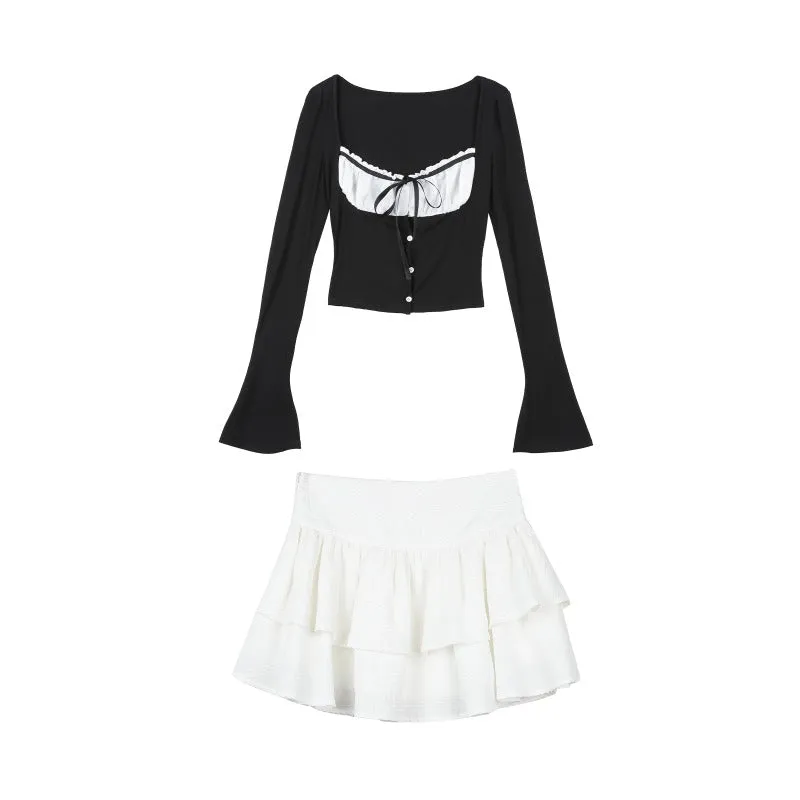 JazzHer 2025 Autumn New Korean Fashion Slim Black Tops Casual White Y2k Mini Skirt Preppy Style Party Sweet 2 Piece Set Skirt Woman Chic