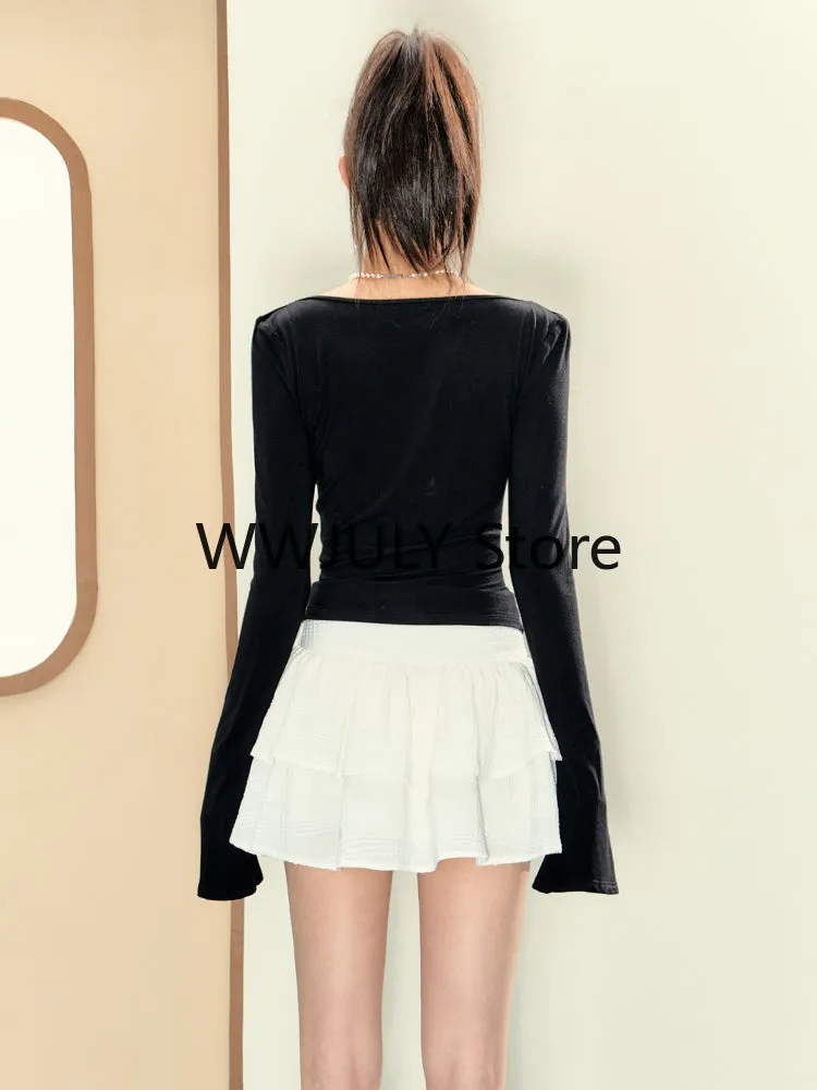 JazzHer 2025 Autumn New Korean Fashion Slim Black Tops Casual White Y2k Mini Skirt Preppy Style Party Sweet 2 Piece Set Skirt Woman Chic