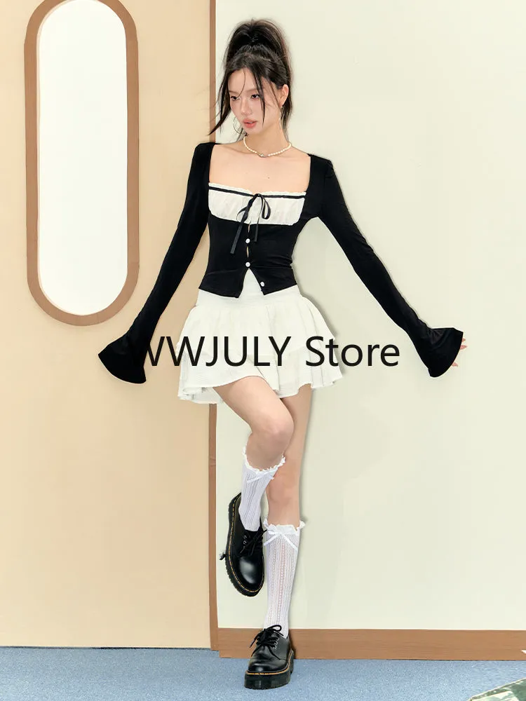 JazzHer 2025 Autumn New Korean Fashion Slim Black Tops Casual White Y2k Mini Skirt Preppy Style Party Sweet 2 Piece Set Skirt Woman Chic
