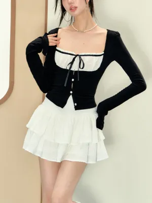 JazzHer 2025 Autumn New Korean Fashion Slim Black Tops Casual White Y2k Mini Skirt Preppy Style Party Sweet 2 Piece Set Skirt Woman Chic