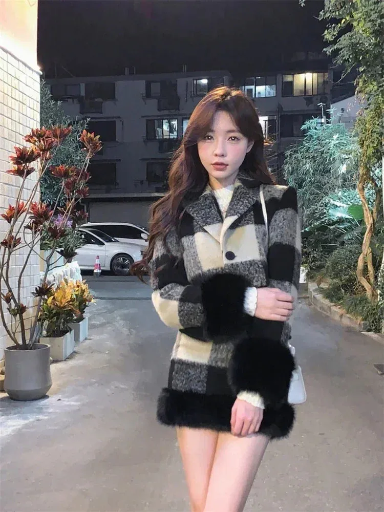 JazzHer Plaid Knitted Suit Woman Korean 2 Piece Dress Set 2025 Winter Vintage Fashion Tops Cardigan   Slim Bodycon Y2k Mini Skirt Chic
