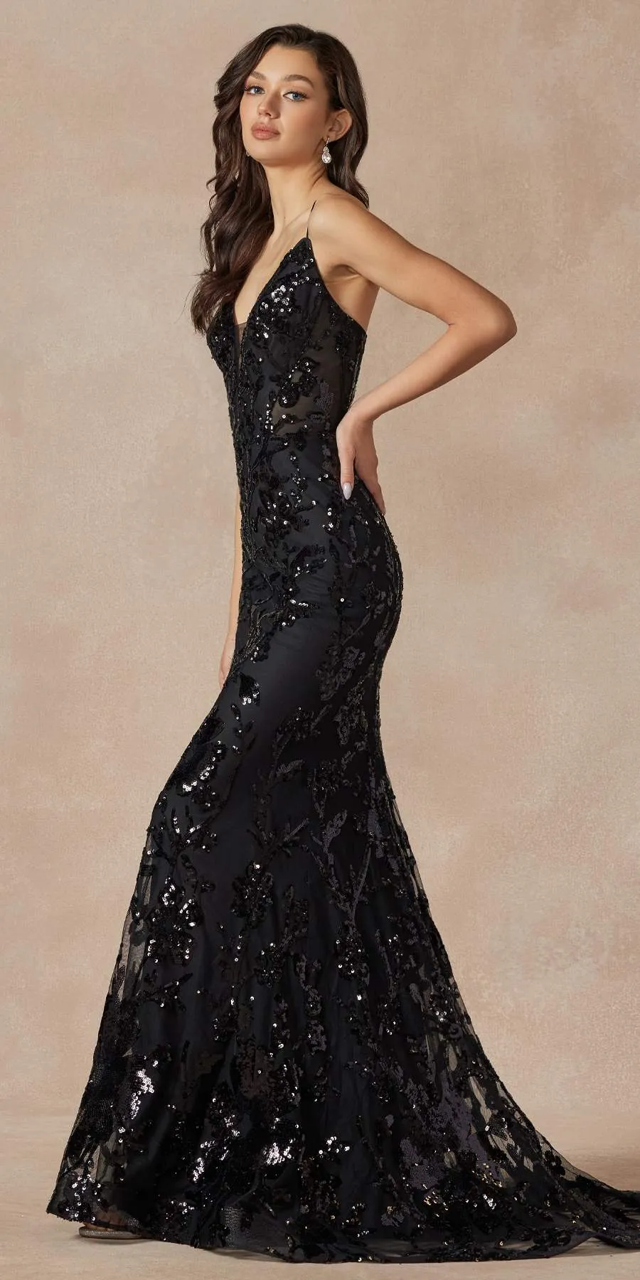Juliet 2411 Long Sequin Lace Embellishments Fitted Prom Gown