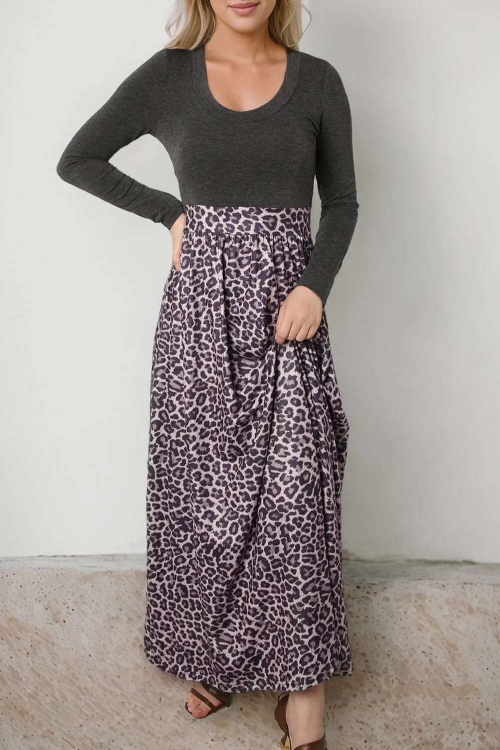 KaleaBoutique Long Sleeve Fitted Bodice Leopard Maxi Dress