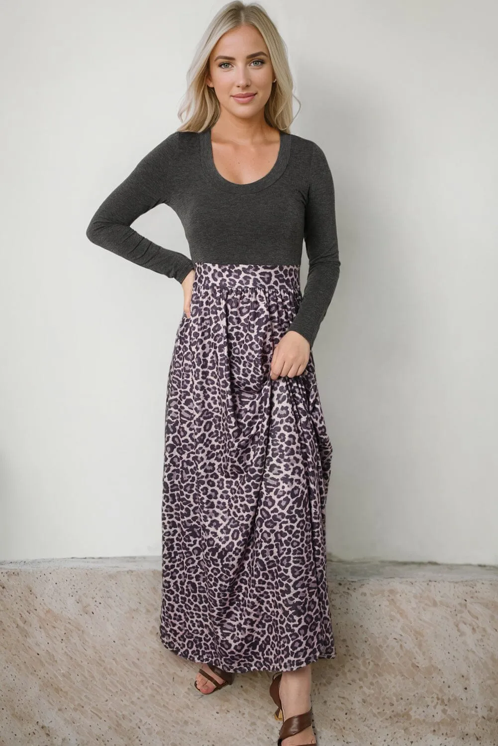 KaleaBoutique Long Sleeve Fitted Bodice Leopard Maxi Dress