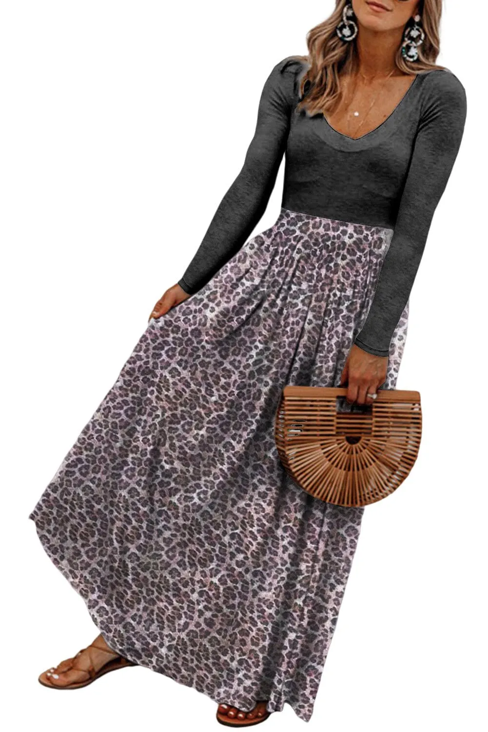 KaleaBoutique Long Sleeve Fitted Bodice Leopard Maxi Dress