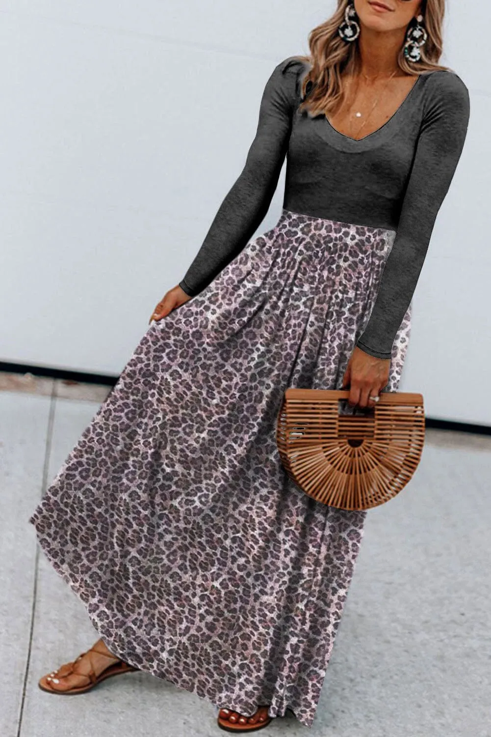 KaleaBoutique Long Sleeve Fitted Bodice Leopard Maxi Dress