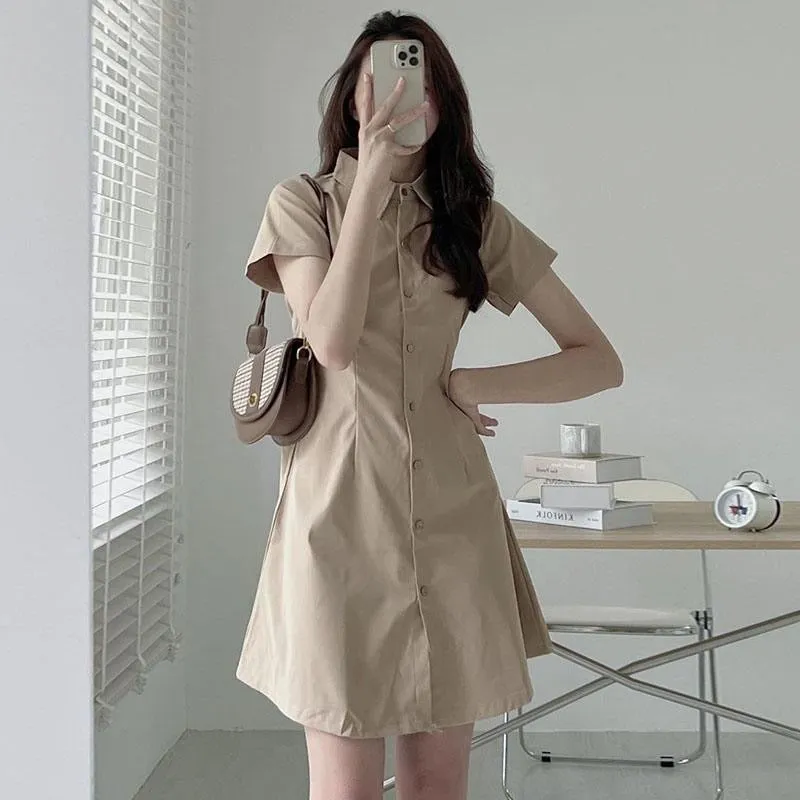 Khaki Sinched Waist Shirt Dress