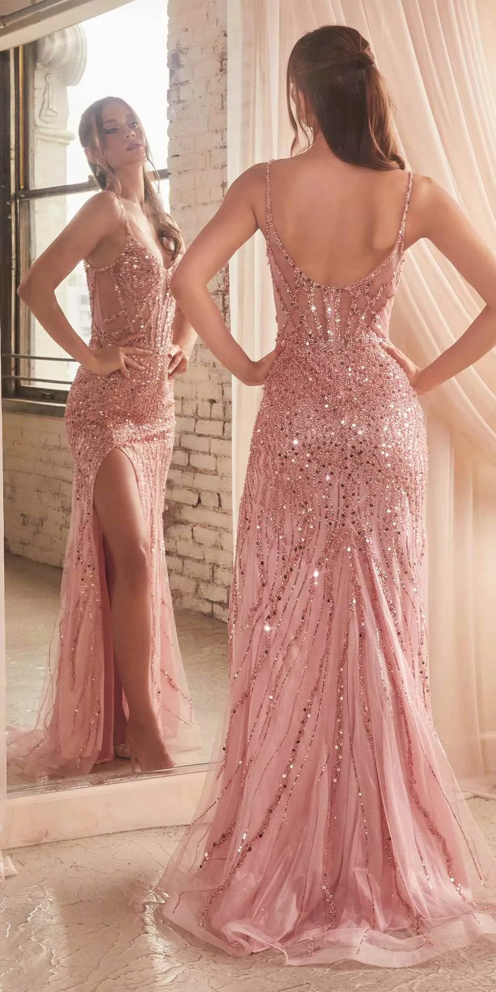 Ladivine CD0220 Long Fitted Sexy Slit Formal Sequin Gown