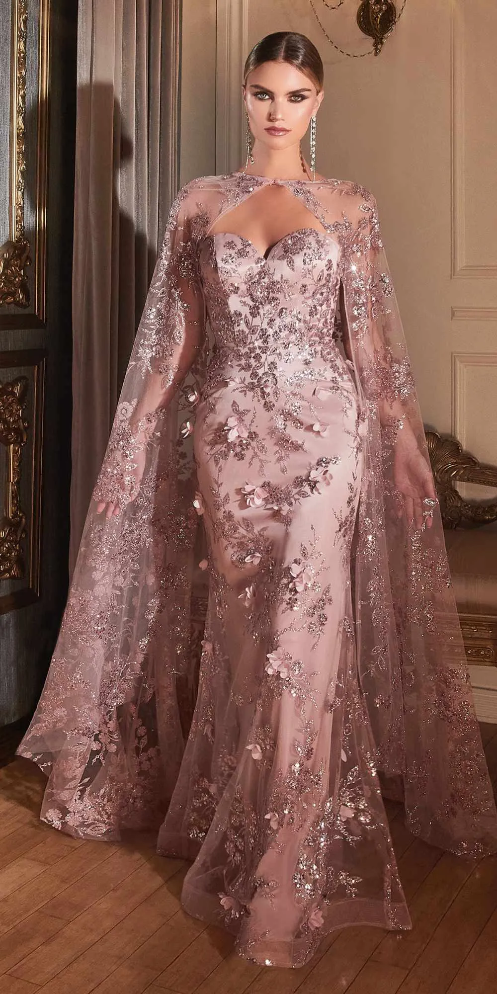 Ladivine J834 Floor Length Strapless Fitted Gown with Lace Cape