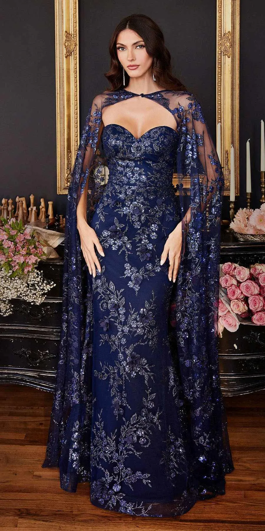 Ladivine J834 Floor Length Strapless Fitted Gown with Lace Cape