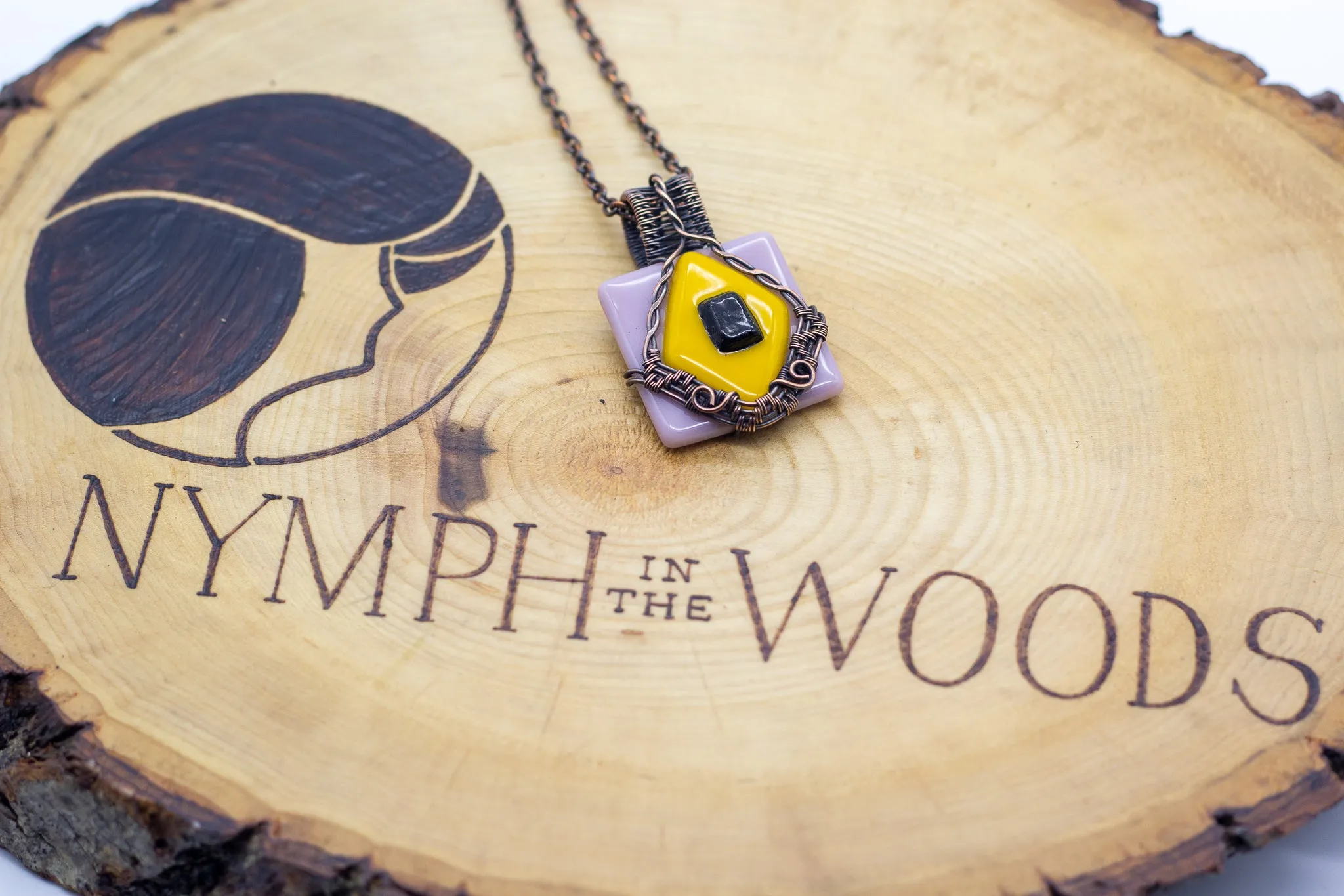 Lavender and Yellow Fused Glass Pendant with Copper Wire Wrapping