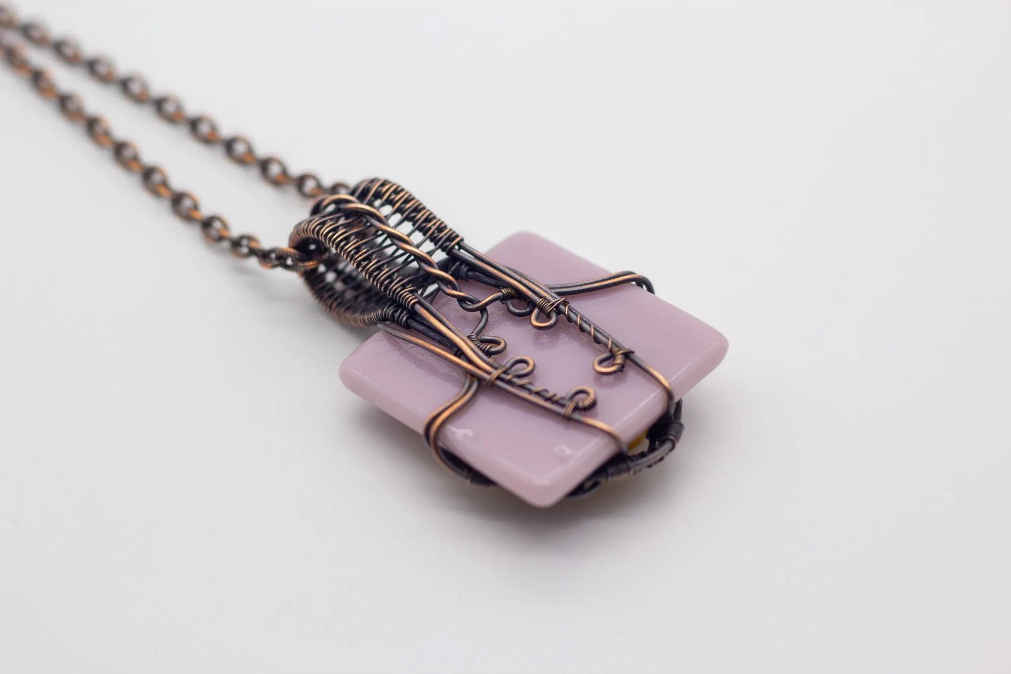 Lavender and Yellow Fused Glass Pendant with Copper Wire Wrapping