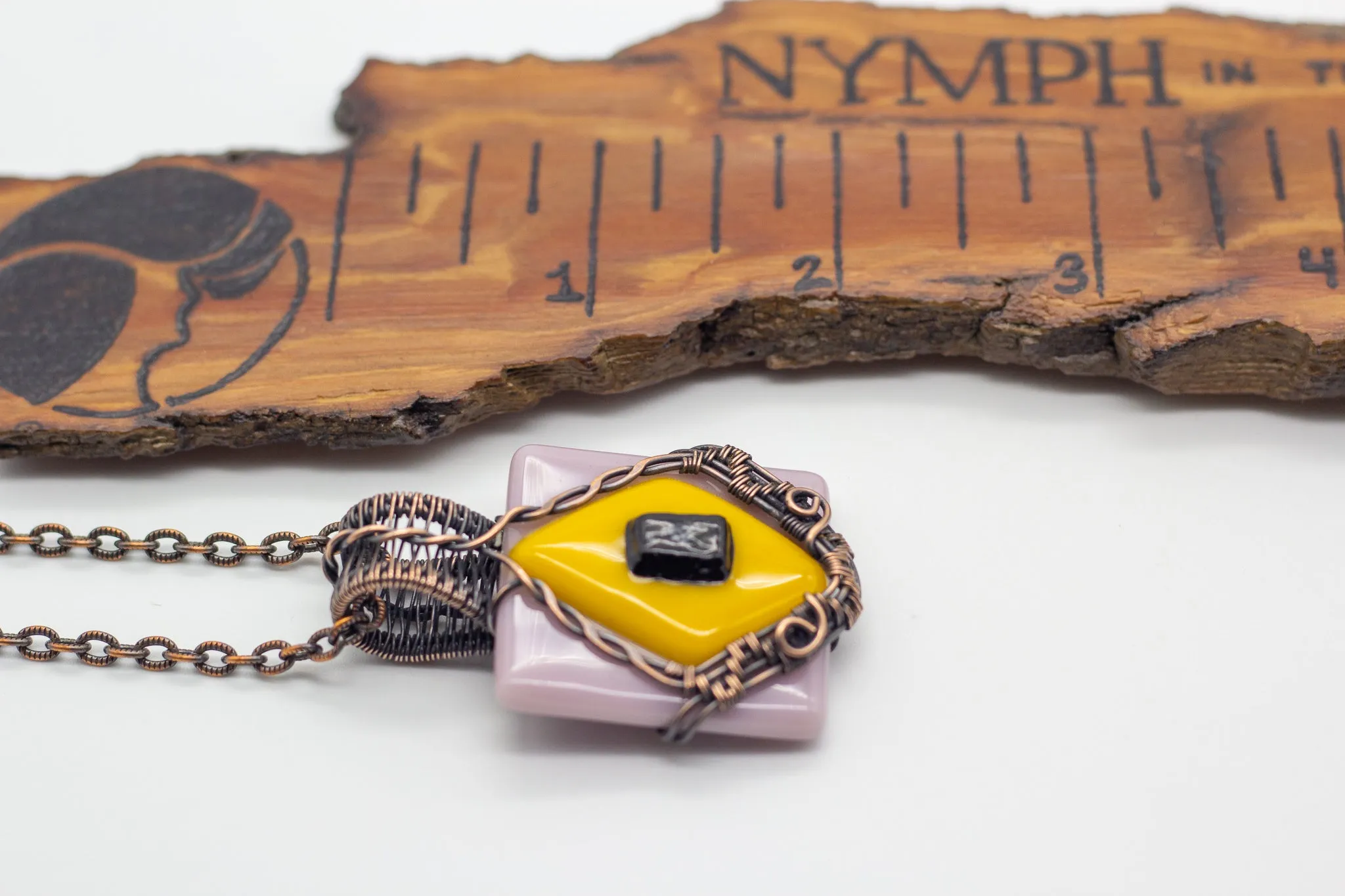 Lavender and Yellow Fused Glass Pendant with Copper Wire Wrapping