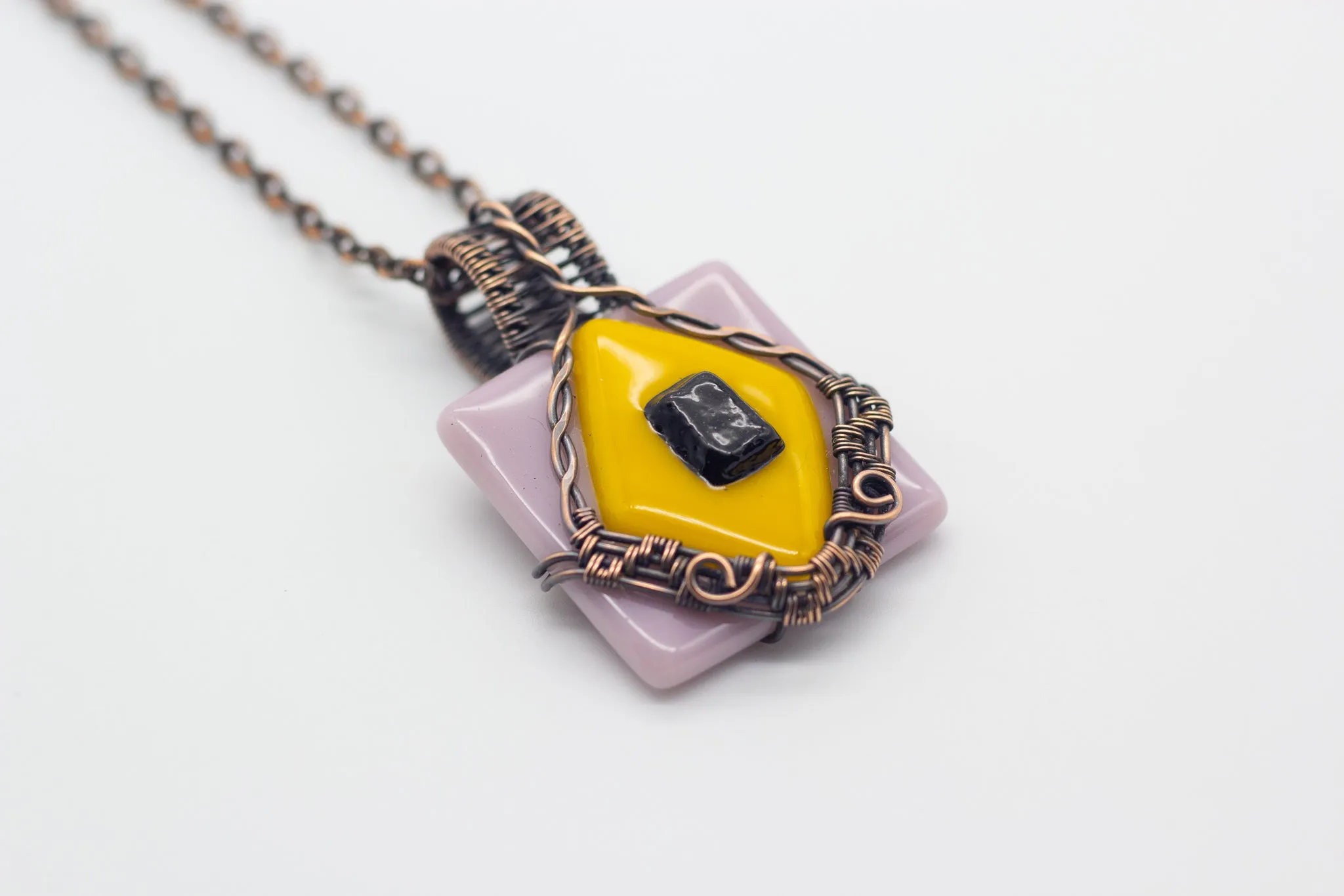 Lavender and Yellow Fused Glass Pendant with Copper Wire Wrapping