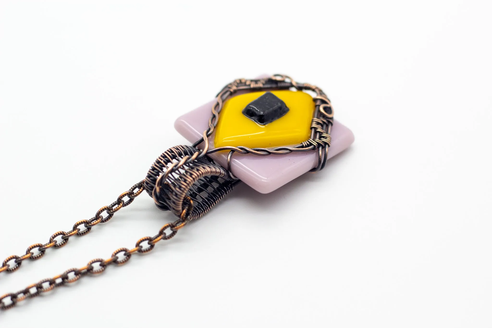 Lavender and Yellow Fused Glass Pendant with Copper Wire Wrapping