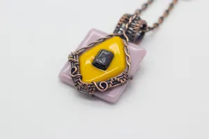 Lavender and Yellow Fused Glass Pendant with Copper Wire Wrapping
