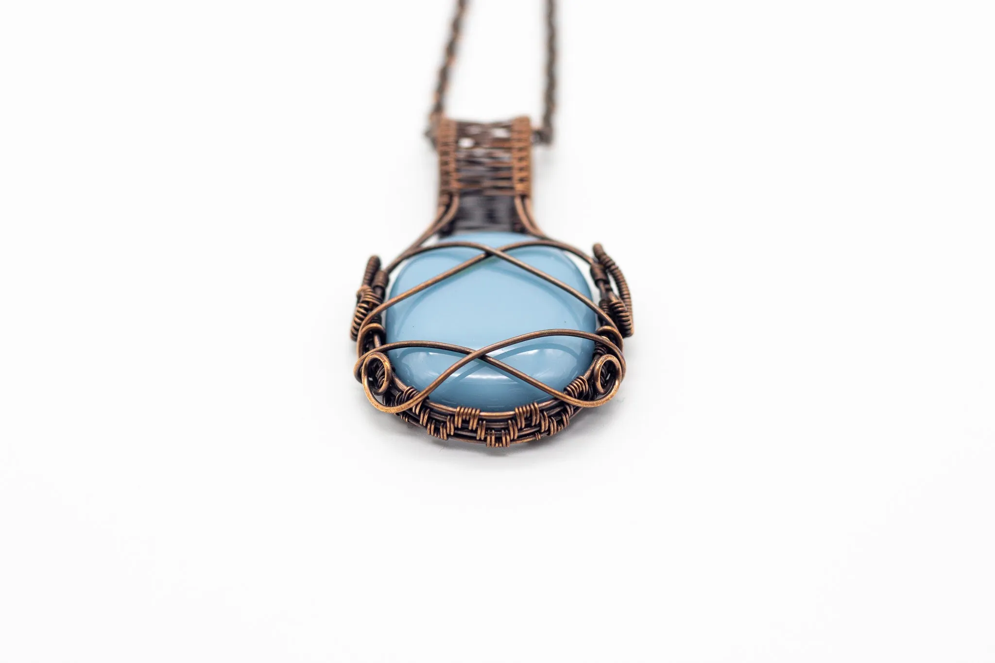 Light Blue Fused Glass Pendant with Copper Wire Wrapping