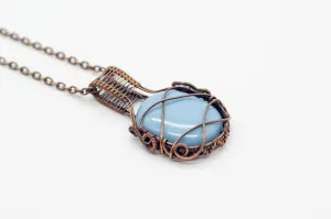 Light Blue Fused Glass Pendant with Copper Wire Wrapping
