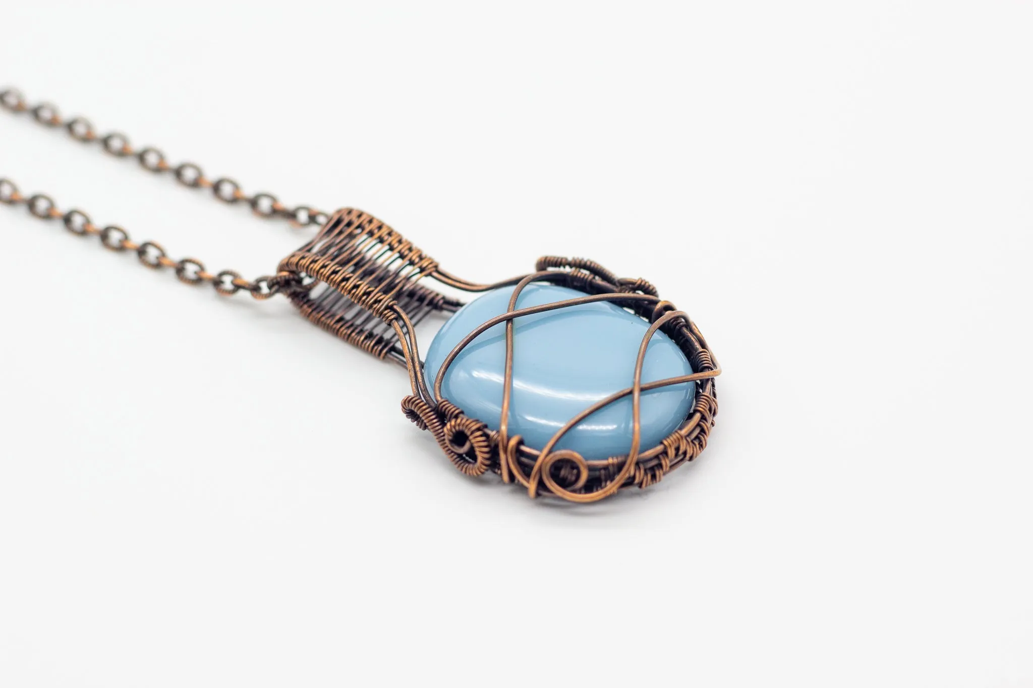 Light Blue Fused Glass Pendant with Copper Wire Wrapping