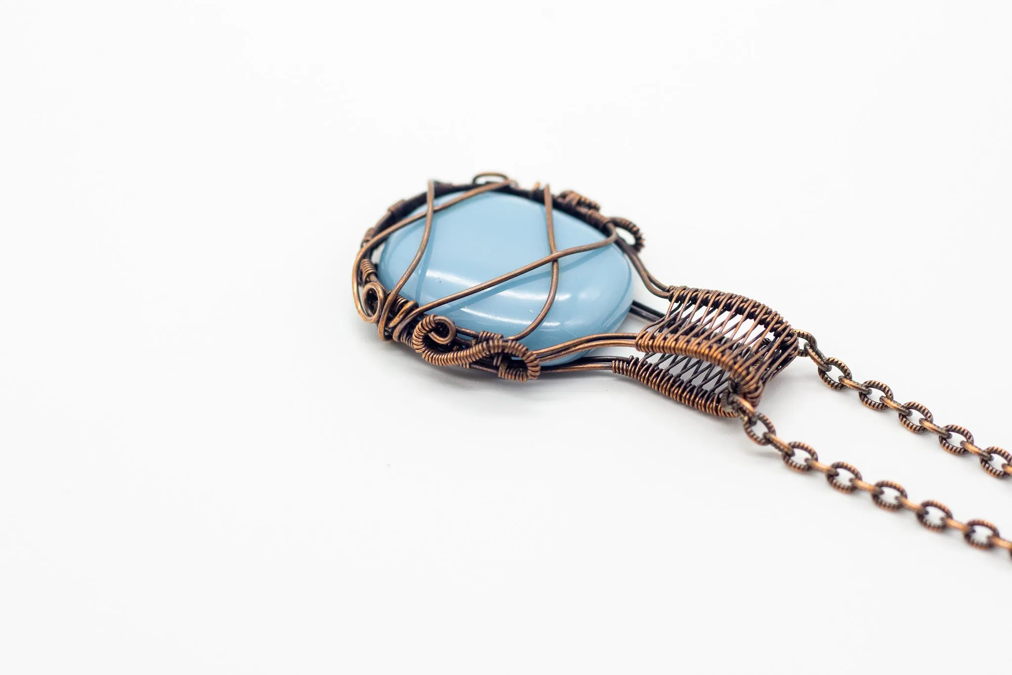 Light Blue Fused Glass Pendant with Copper Wire Wrapping