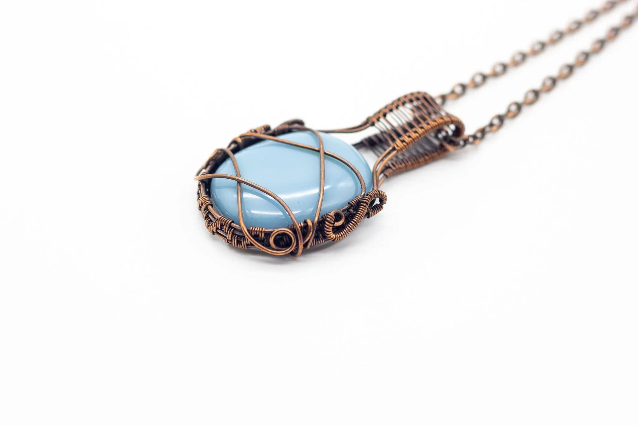 Light Blue Fused Glass Pendant with Copper Wire Wrapping