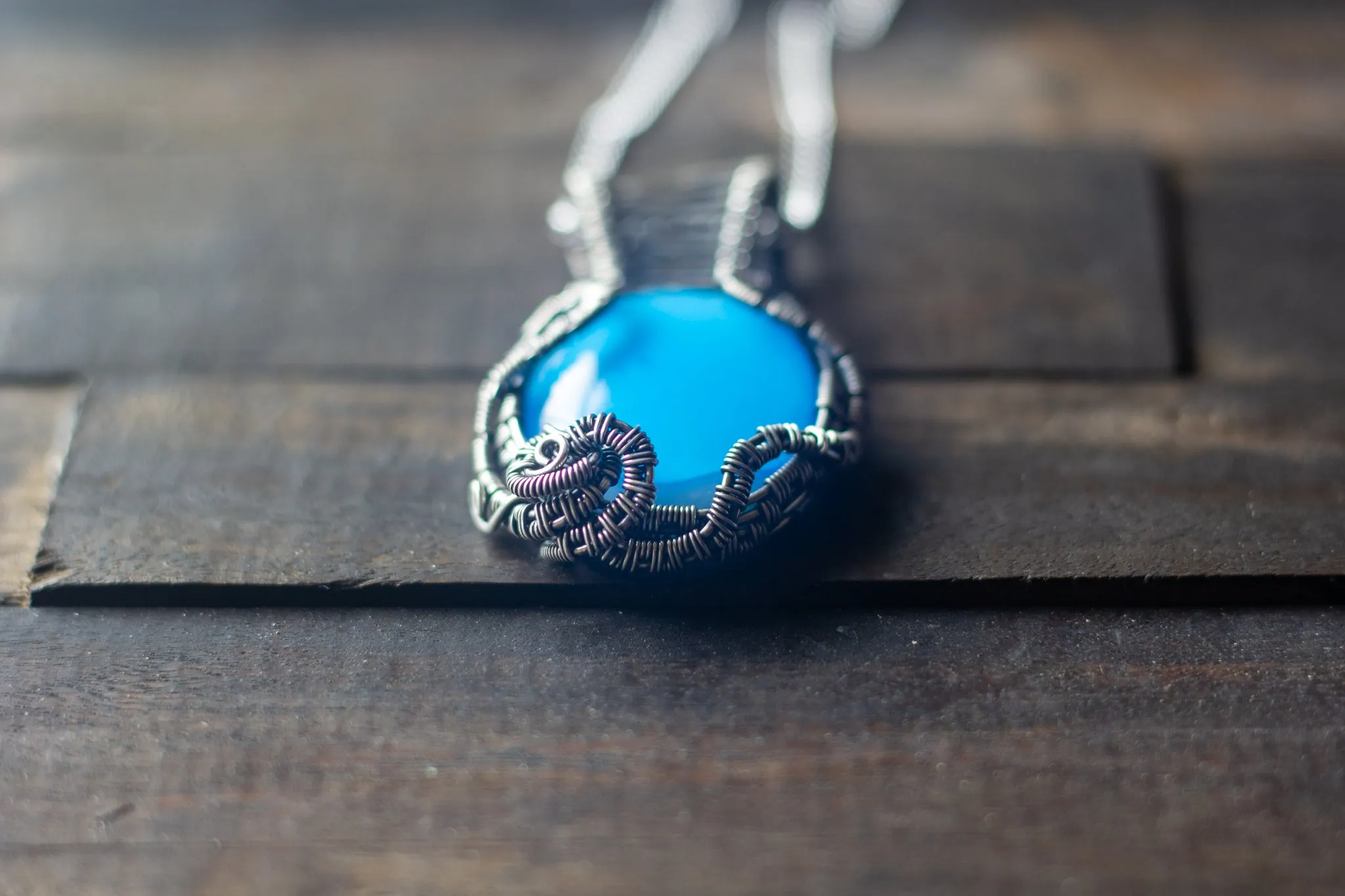 Light Blue Fused Glass Pendant with Sterling Silver Wire Wrapping