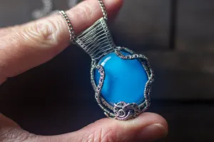 Light Blue Fused Glass Pendant with Sterling Silver Wire Wrapping