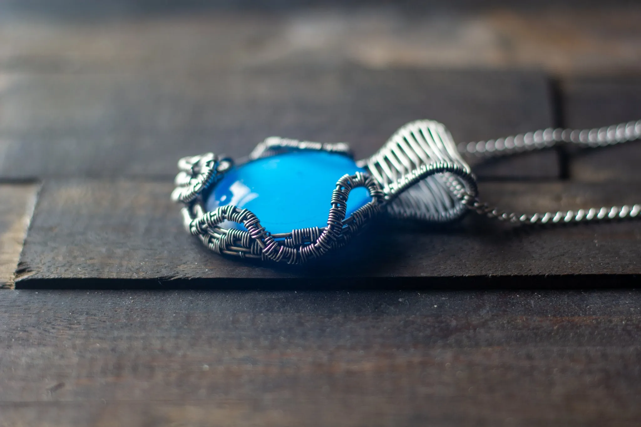 Light Blue Fused Glass Pendant with Sterling Silver Wire Wrapping