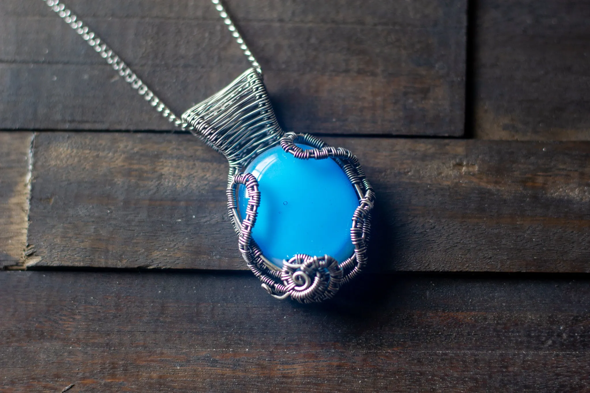 Light Blue Fused Glass Pendant with Sterling Silver Wire Wrapping