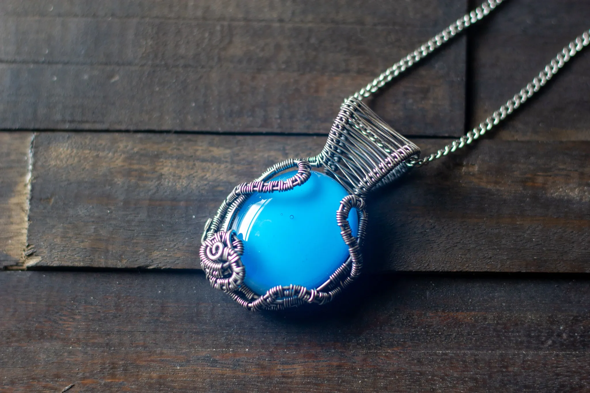 Light Blue Fused Glass Pendant with Sterling Silver Wire Wrapping