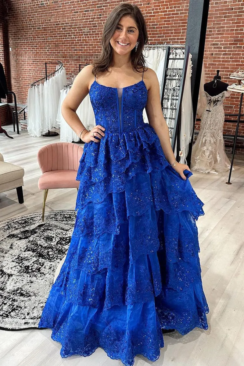 Long Royal Blue Tiered Prom Dress A-Line Sequins Straps