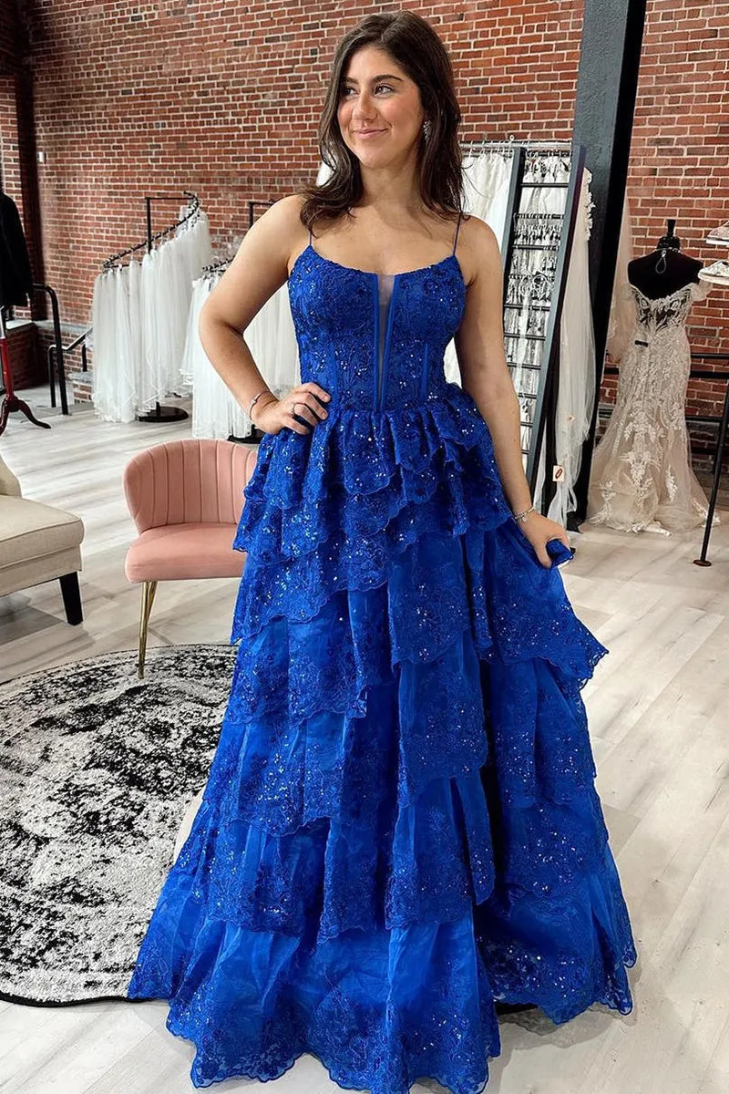 Long Royal Blue Tiered Prom Dress A-Line Sequins Straps