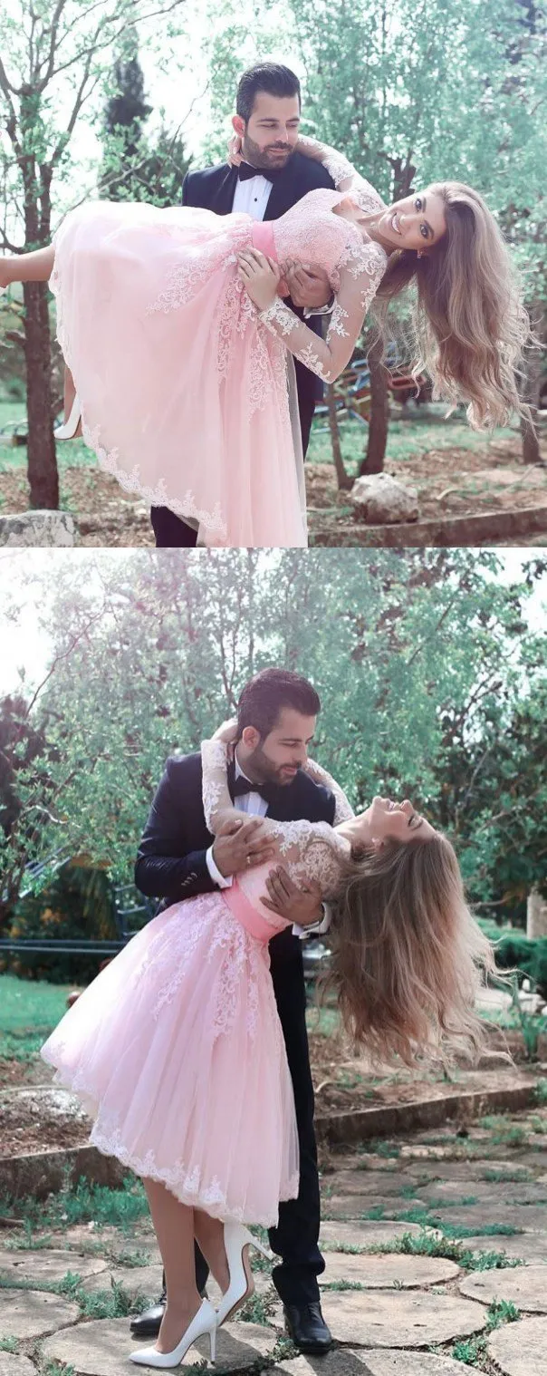 Long Sleeve Pink Lace Short Cheap Homecoming Dresses Online, BDY0270