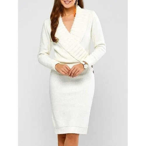 Long Sleeve Shawl Collar Sweater Fitted Dress - White M