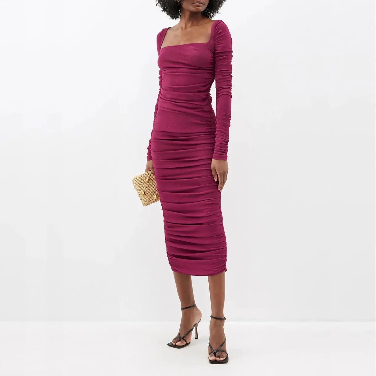 Magenta Square Neck Ruched Dress