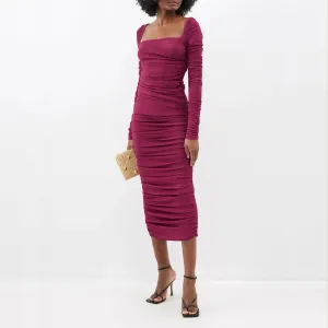 Magenta Square Neck Ruched Dress