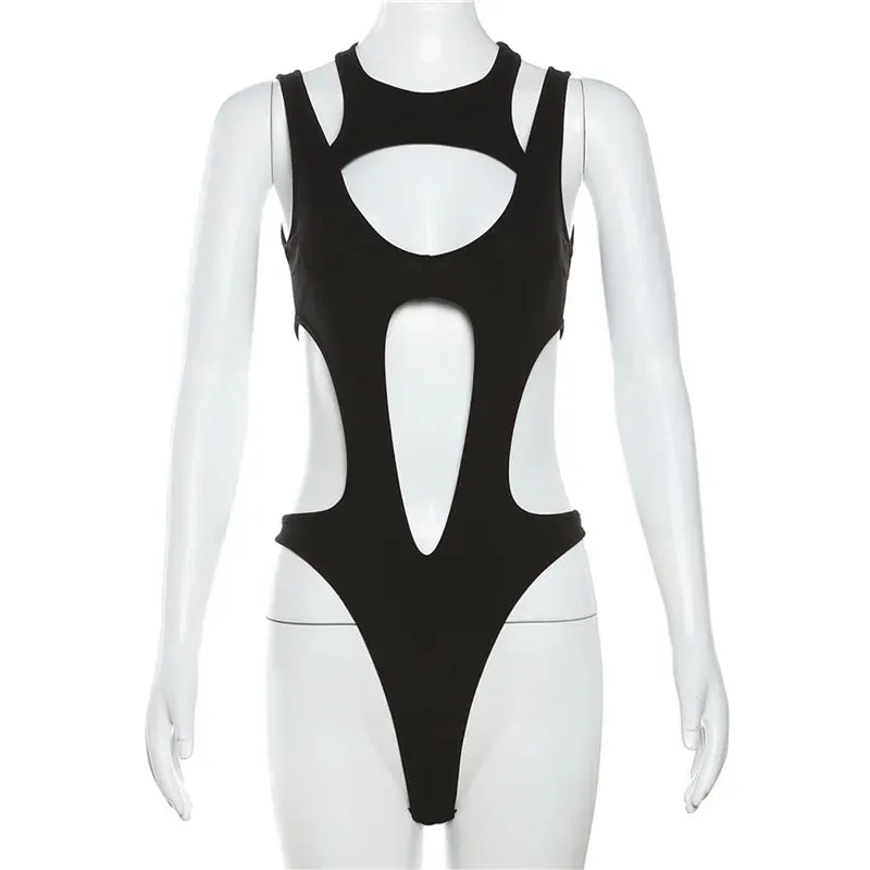 Mall Gothic Hollow Out Sexy Bodysuits Techwear Fashion Y2k Patchwork Tops Women Grunge Backless High Cut Slim Bodysuit