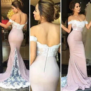 Mermaid Off-the-Shoulder Blushing Pink Lace Prom Dresses